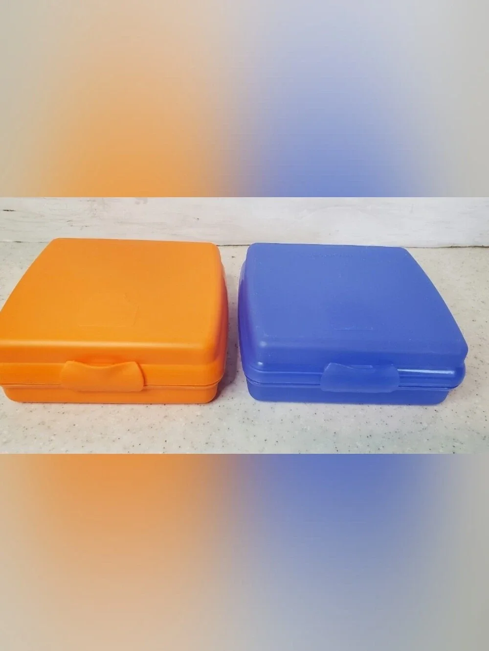 Retired Tupperware Sandwich Keepers Set 2 Blue Orange Lunch Box Containers 5 Inc